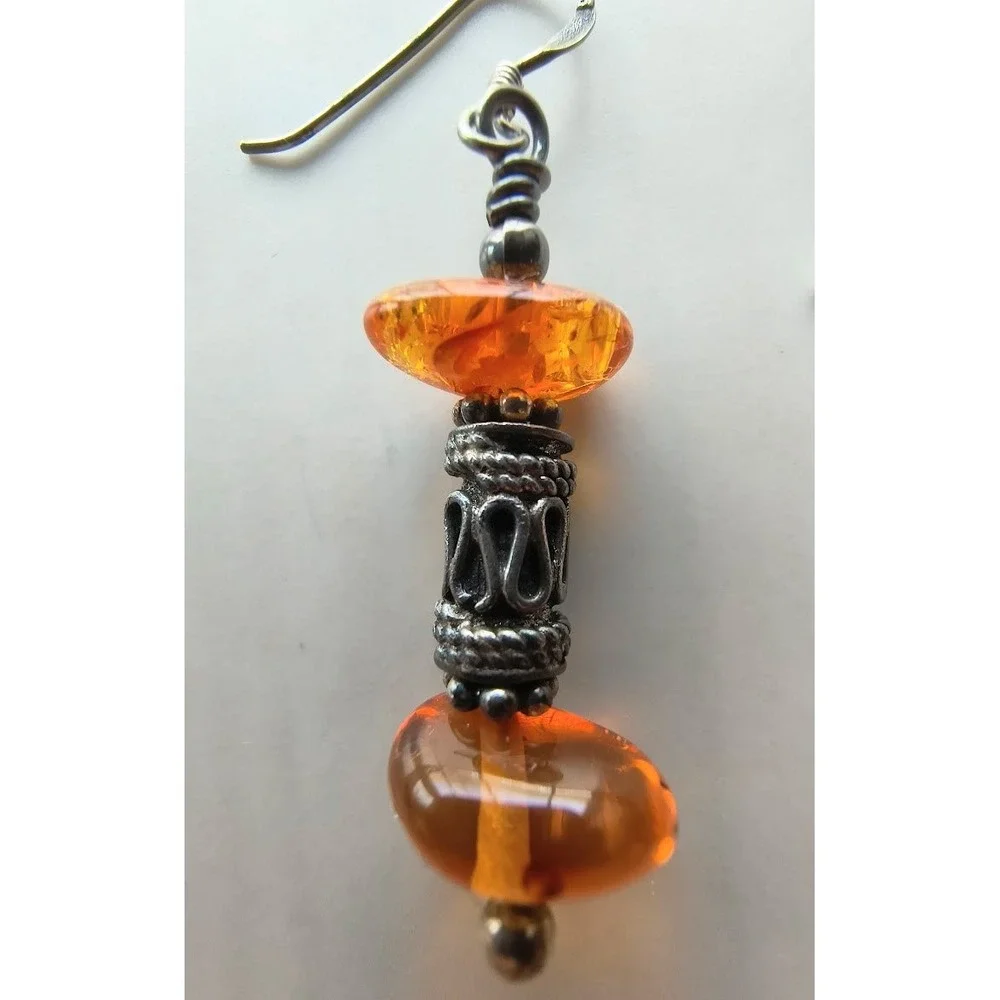 Vtg Sterling Silver‎ Baltic Amber Drop Earrings Cognac Honey Artisan Dangle 925